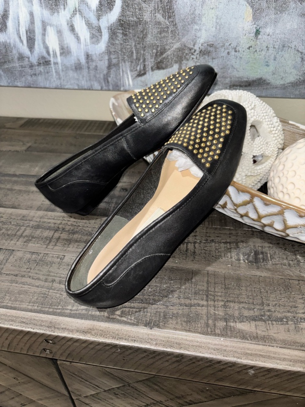 Enzo Angiolini Vintage  black leather studded flats/ slip-on loafers SZ 5.5 - Picture 2 of 13